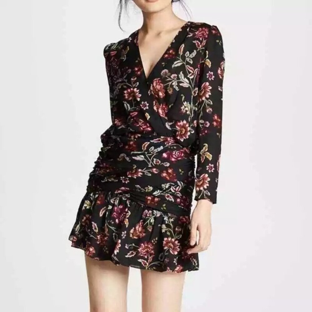 A.L.C. Womens 2‎ Haven Ruched Floral 100% Silk Mini Dress Long Sleeve V Neck